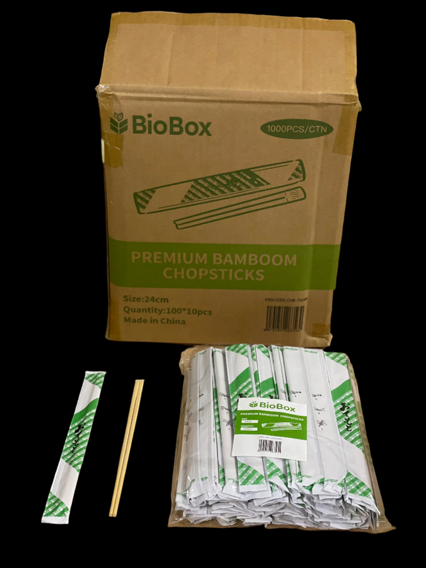 240mm Premium Bamboo Chopsticks Sky-Cut Full Paper Wrapped - BIOBOX (1000pcs)