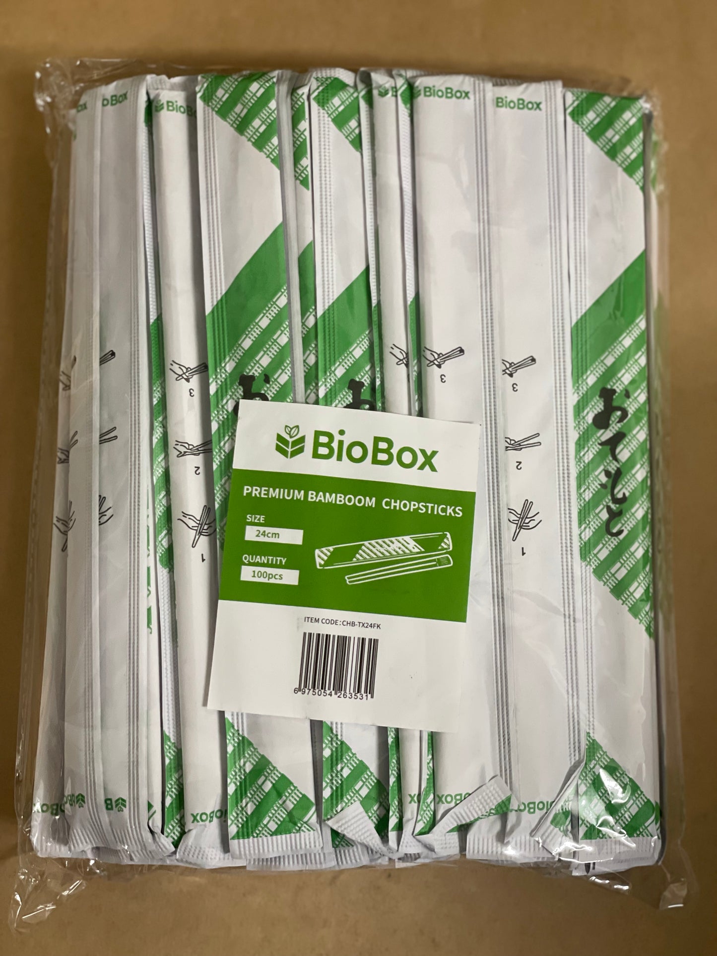 240mm Premium Bamboo Chopsticks Sky-Cut Full Paper Wrapped - BIOBOX (1000pcs)